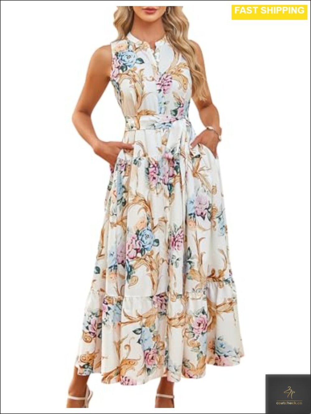 Womens Sleeveless Floral Maxi Dress V Neck Hidden Button Down with Pockets